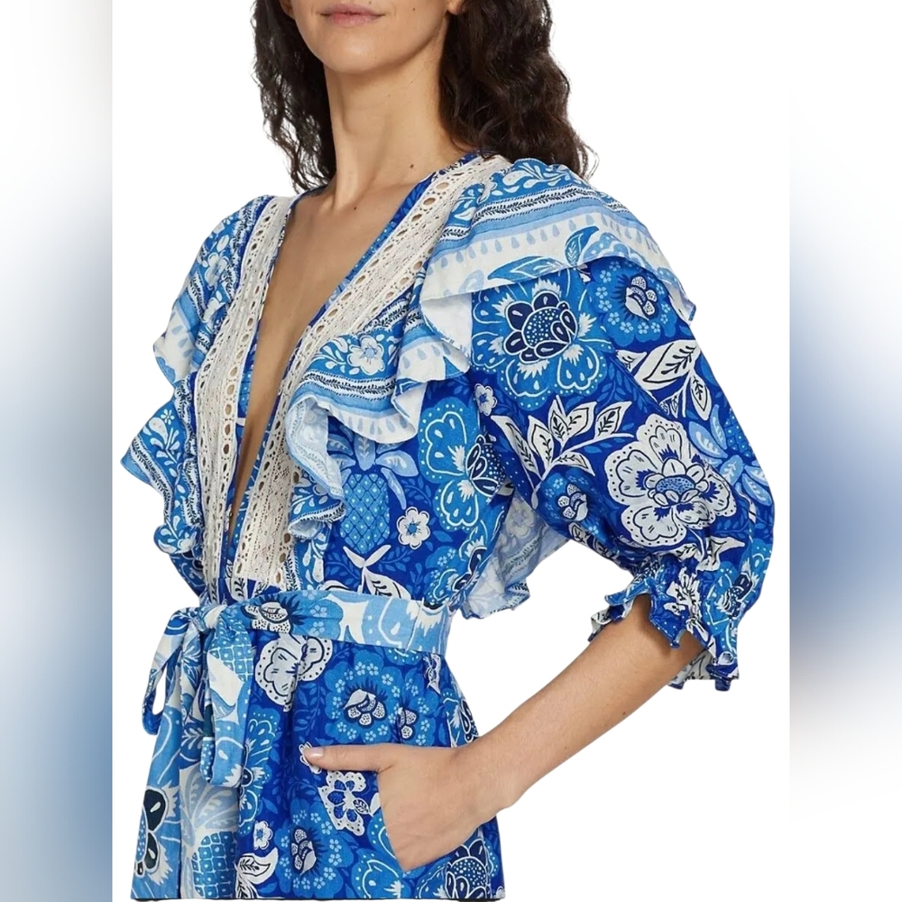 NWT $260 FARM Rio Full Of Flowers Ruffled Jumpsuit Blue Floral Linen Small